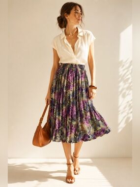 Vintage Fruit Print Pleated Midi Skirt Cottagecore Prairie Parisian Sz 16